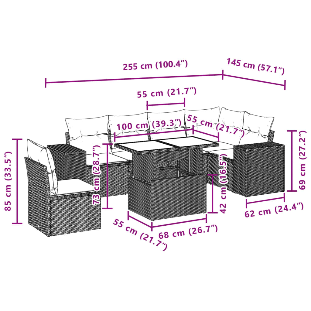 7-delige Loungeset met kussens poly rattan bruin