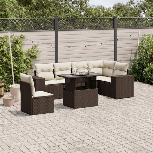 7-delige Loungeset met kussens poly rattan bruin