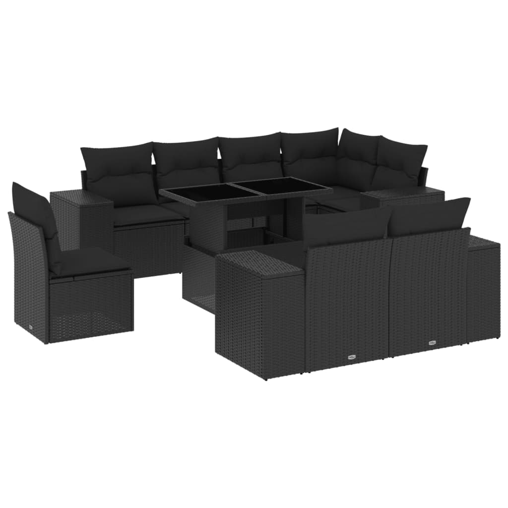 9-delige Loungeset met kussens poly rattan zwart