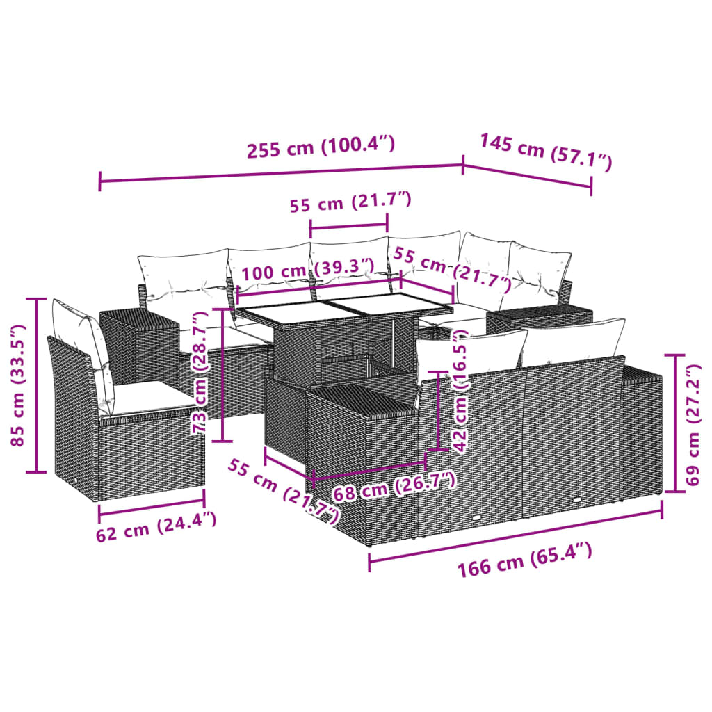 9-delige Loungeset met kussens poly rattan zwart