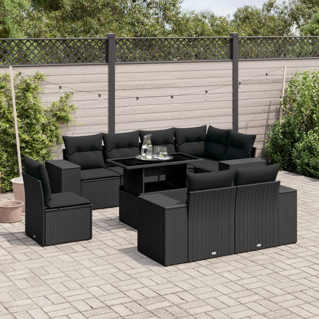 9-delige Loungeset met kussens poly rattan zwart