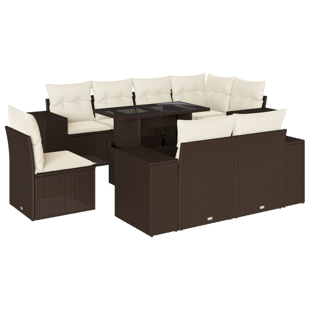 9-delige Loungeset met kussens poly rattan bruin