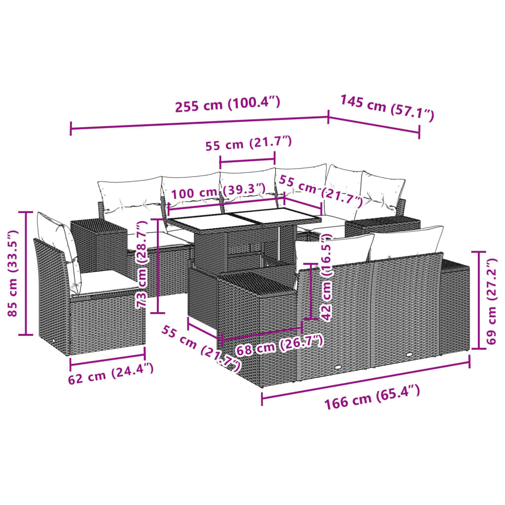 9-delige Loungeset met kussens poly rattan bruin