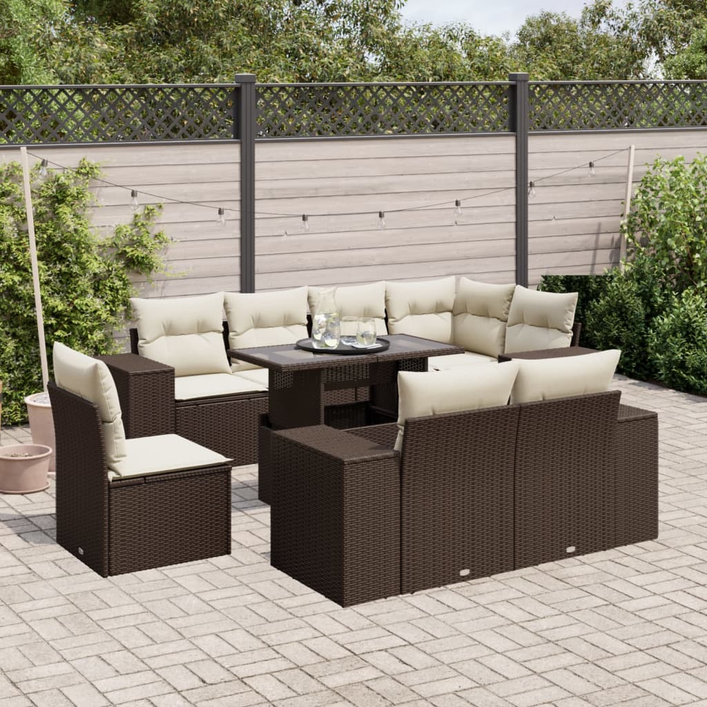 9-delige Loungeset met kussens poly rattan bruin