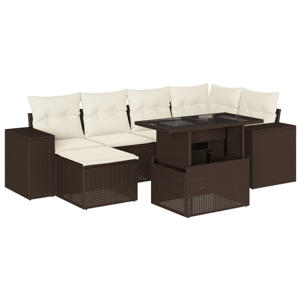 7-delige Loungeset met kussens poly rattan bruin