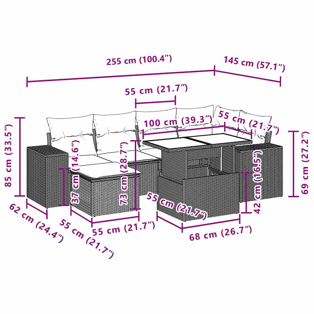 7-delige Loungeset met kussens poly rattan bruin