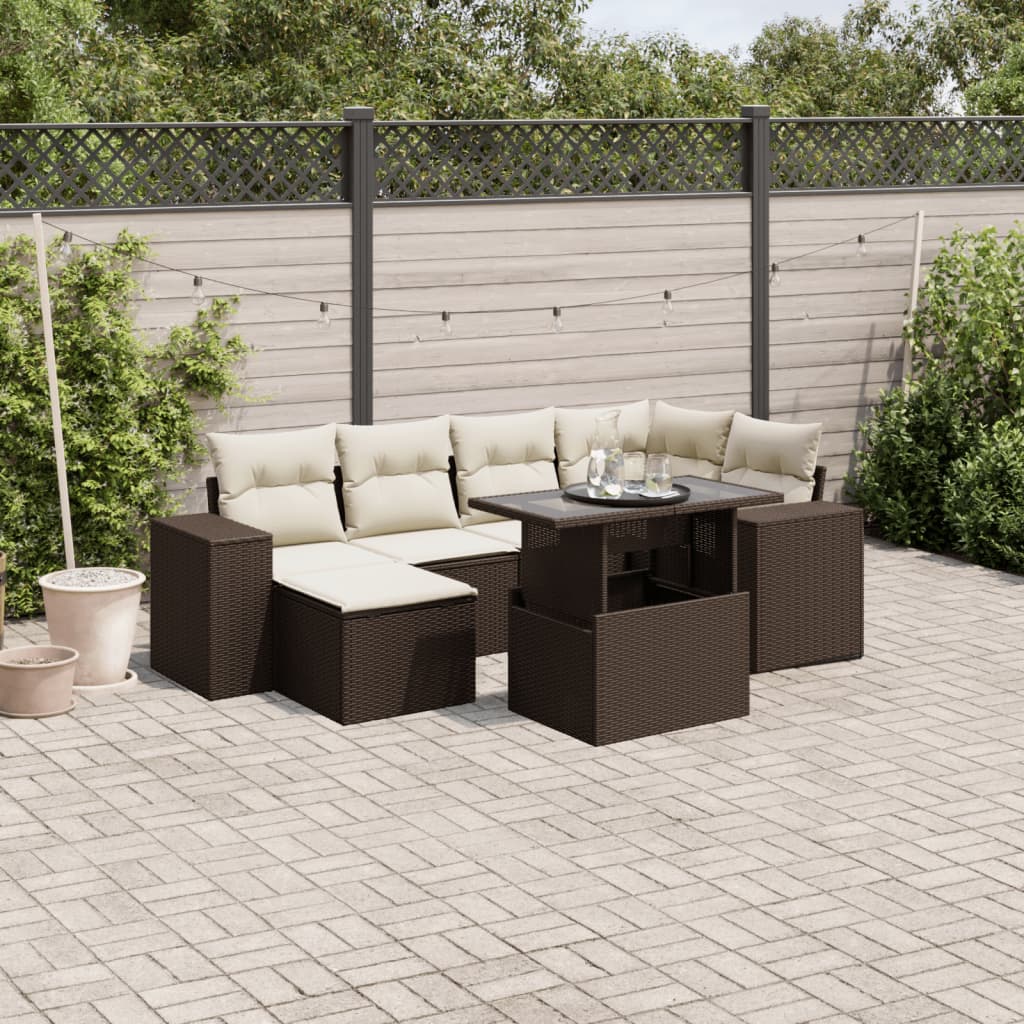 7-delige Loungeset met kussens poly rattan bruin