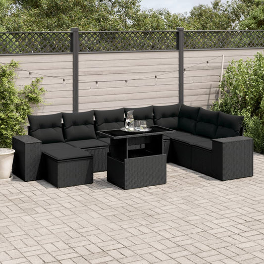 9-delige Loungeset met kussens poly rattan zwart