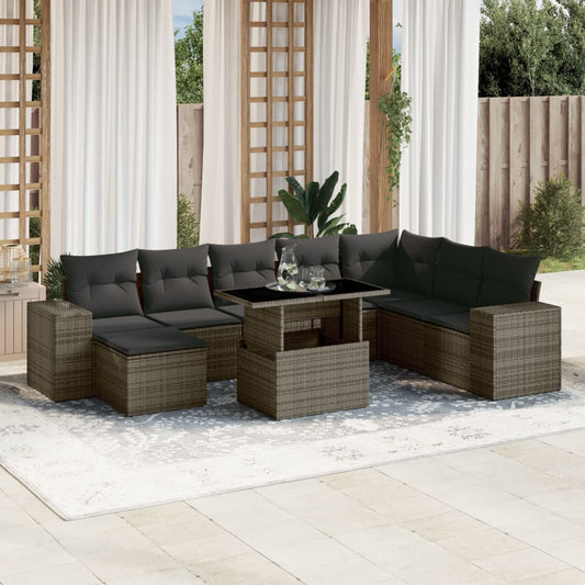 9-delige Loungeset met kussens poly rattan grijs