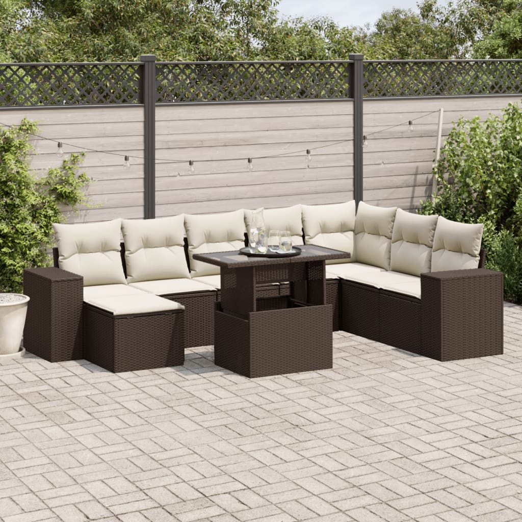 9-delige Loungeset met kussens poly rattan bruin