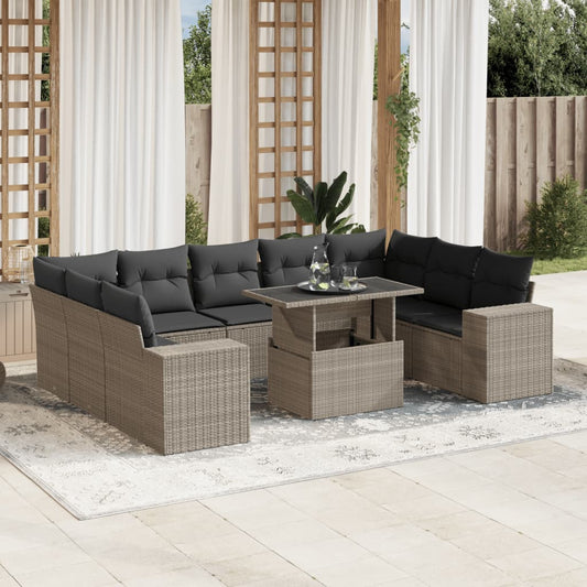 10-delige Loungeset met kussens poly rattan lichtgrijs