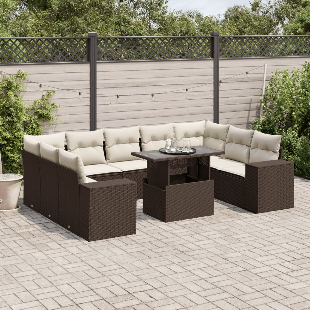 10-delige Loungeset met kussens poly rattan bruin