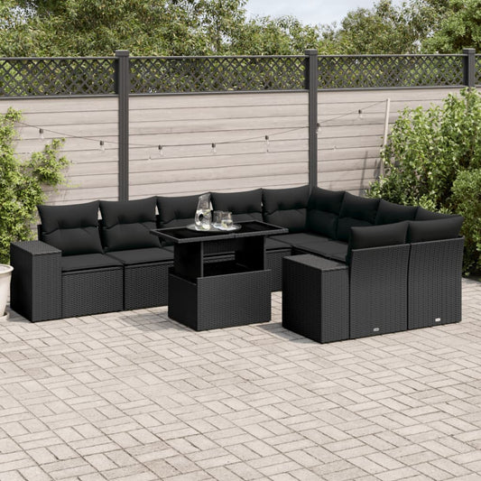 10-delige Loungeset met kussens poly rattan zwart