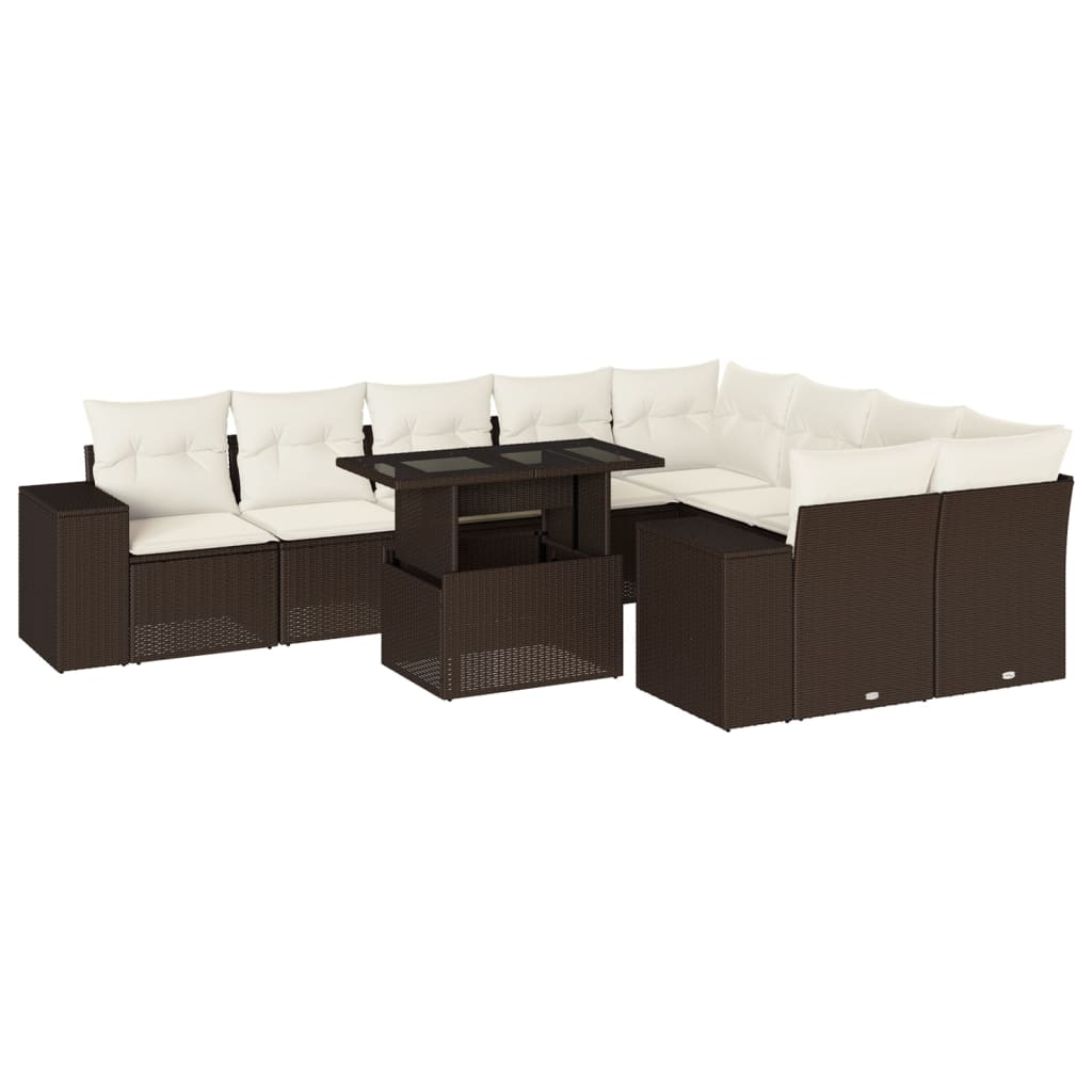 10-delige Loungeset met kussens poly rattan bruin