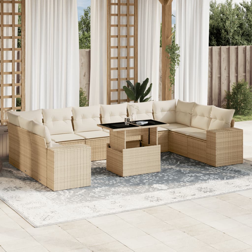 11-delige Tuinset met kussens poly rattan beige