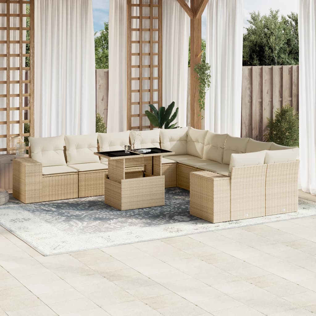 11-delige Tuinset met kussens poly rattan beige