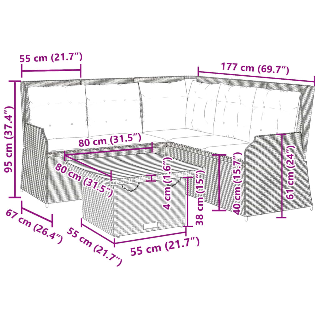 4-delige Loungeset met kussens poly rattan zwart