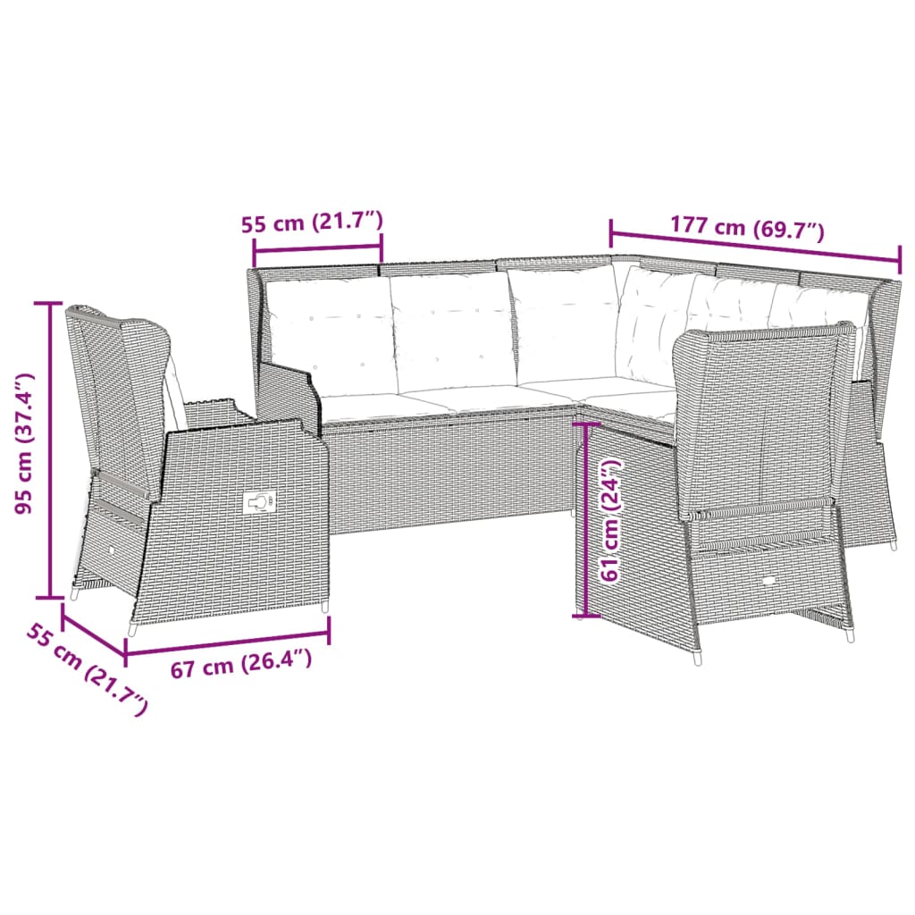 5-delige Loungeset met kussens poly rattan zwart