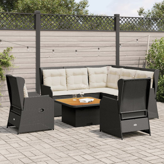 6-delige Loungeset met kussens poly rattan zwart