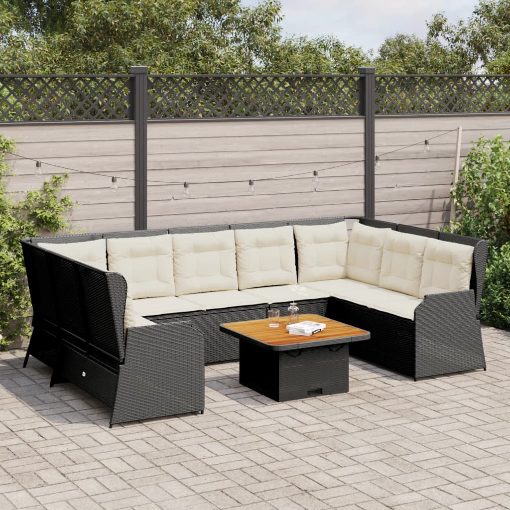 7-delige Loungeset met kussens poly rattan zwart