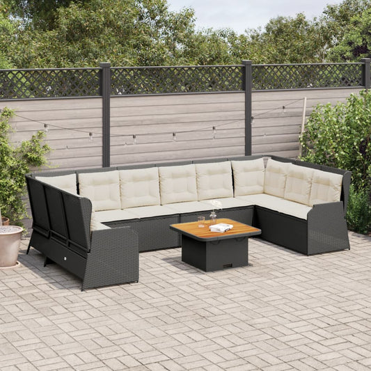 7-delige Loungeset met kussens poly rattan zwart