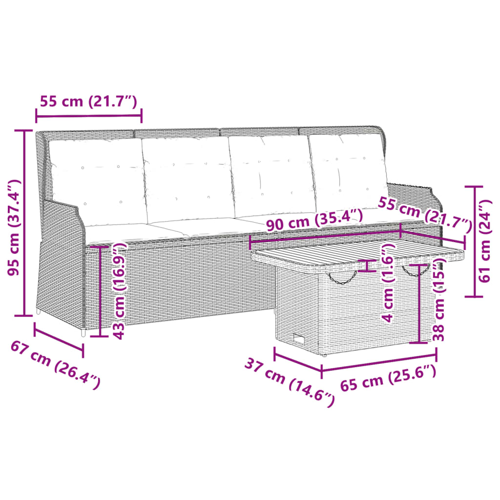 3-delige Loungeset met kussens poly rattan zwart