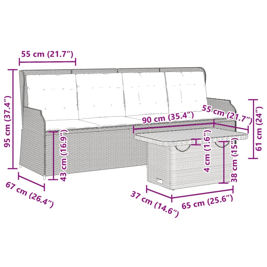 3-delige Loungeset met kussens poly rattan beige