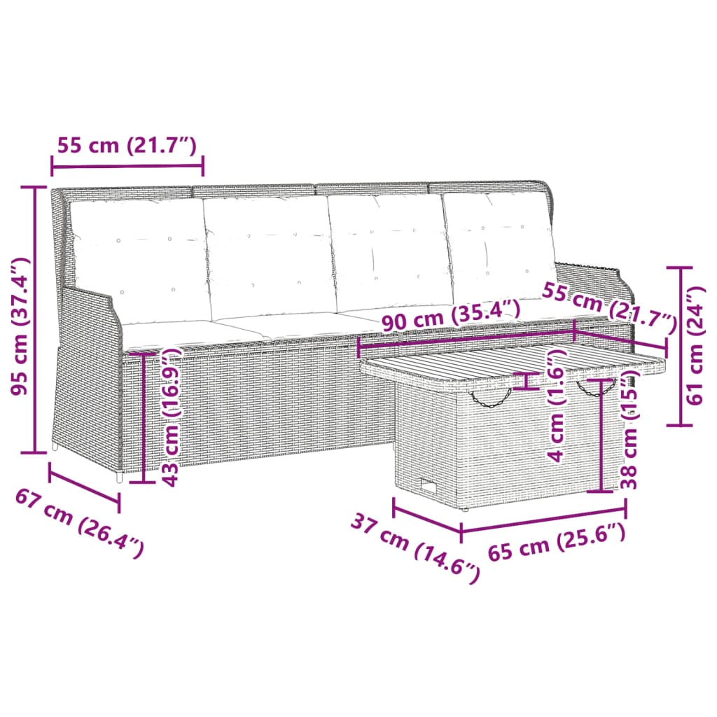 3-delige Loungeset met kussens poly rattan beige