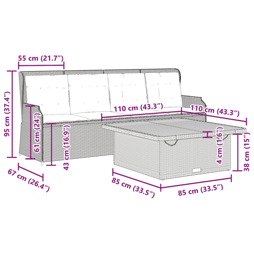 3-delige Loungeset met kussens poly rattan beige