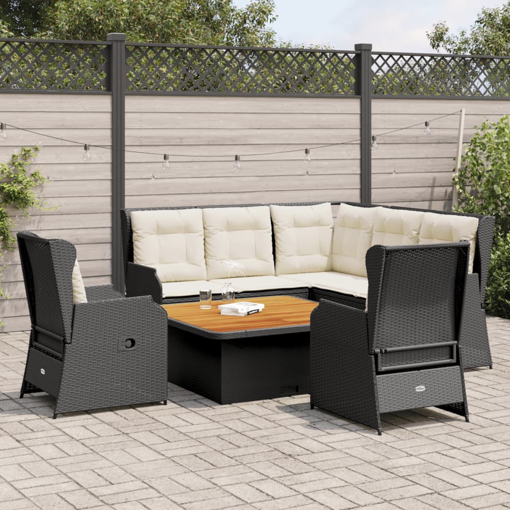 6-delige Loungeset met kussens poly rattan zwart