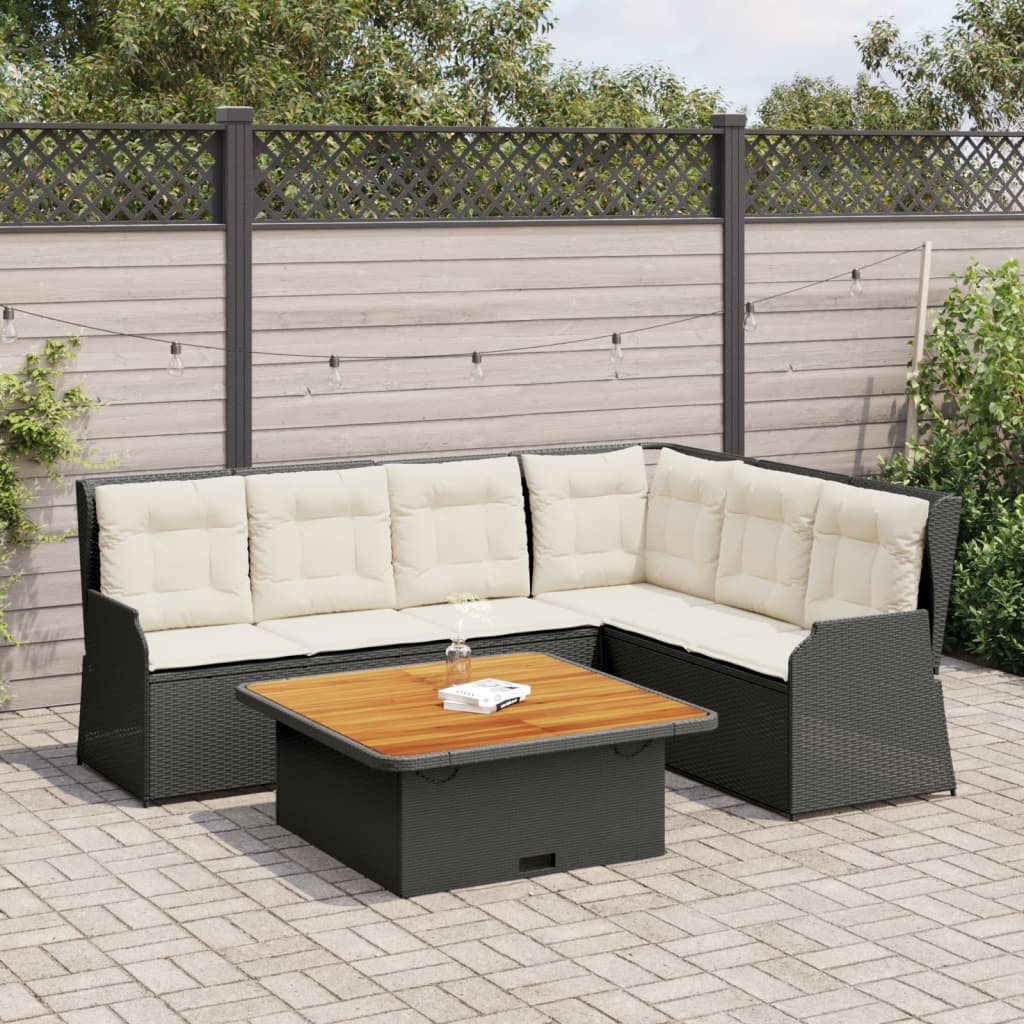 5-delige Loungeset met kussens poly rattan zwart