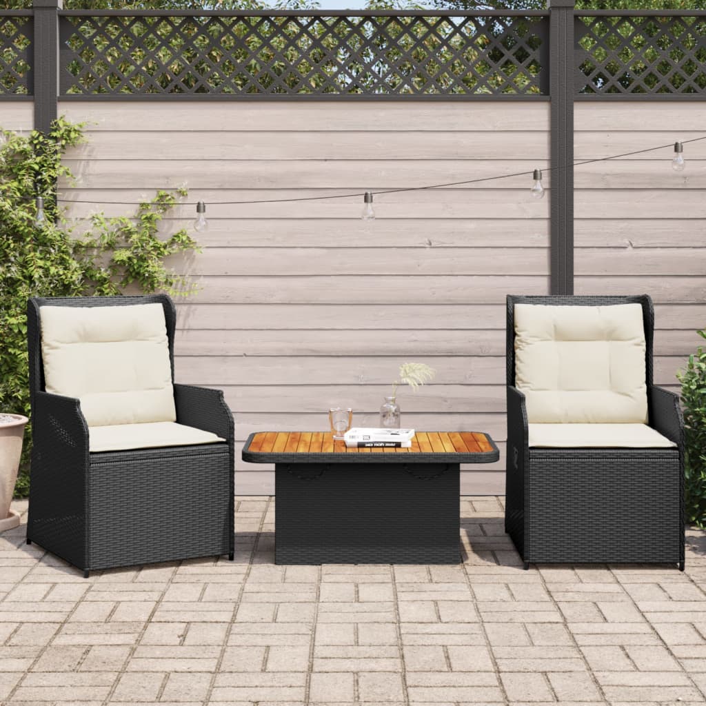 3-delige Loungeset met kussens poly rattan zwart