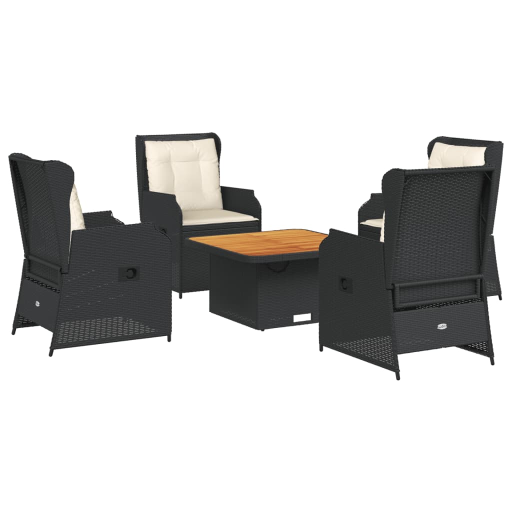 5-delige Loungeset met kussens poly rattan zwart