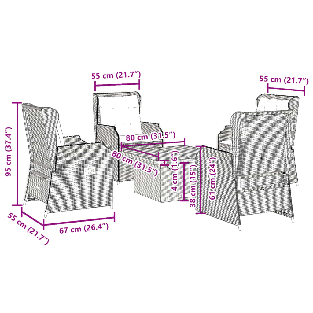 5-delige Loungeset met kussens poly rattan zwart