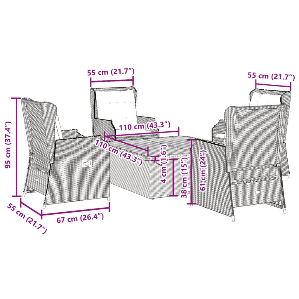 5-delige Loungeset met kussens poly rattan zwart