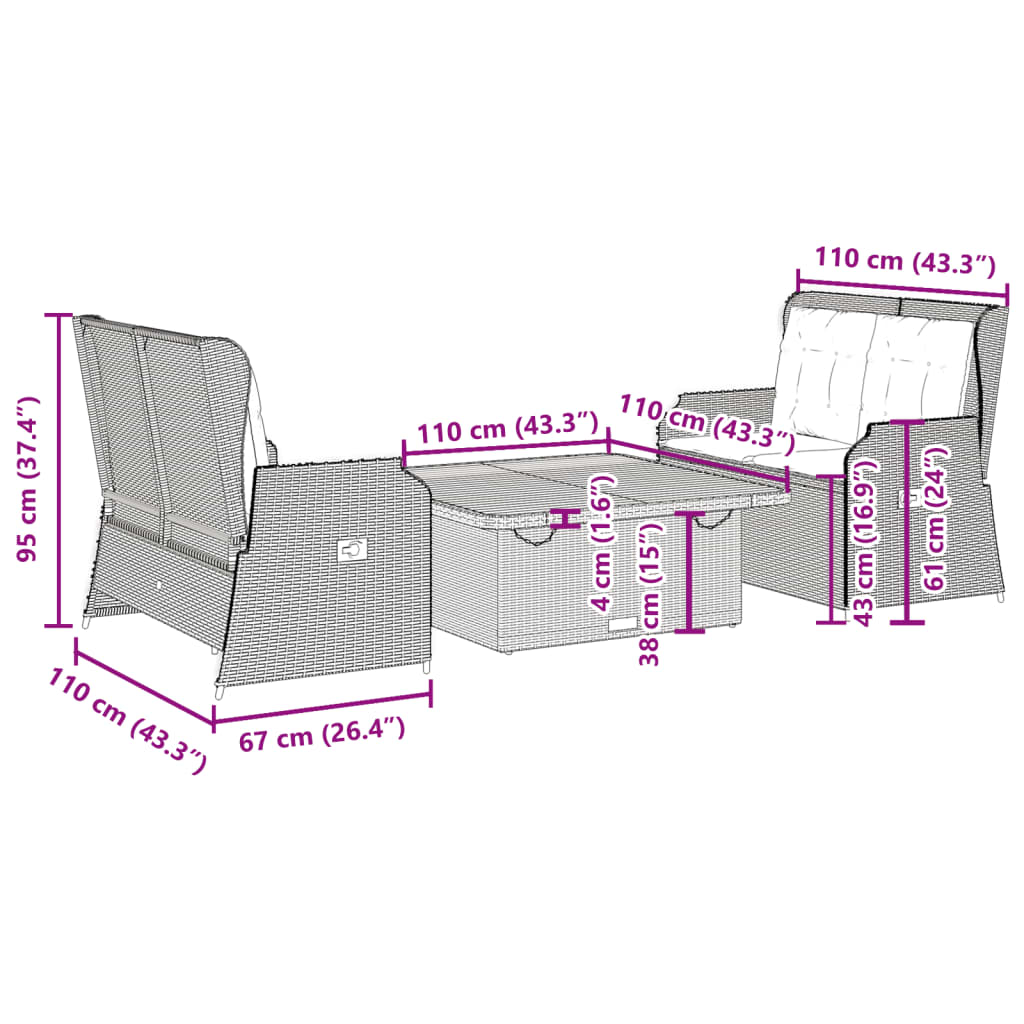 3-delige Loungeset met kussens poly rattan beige