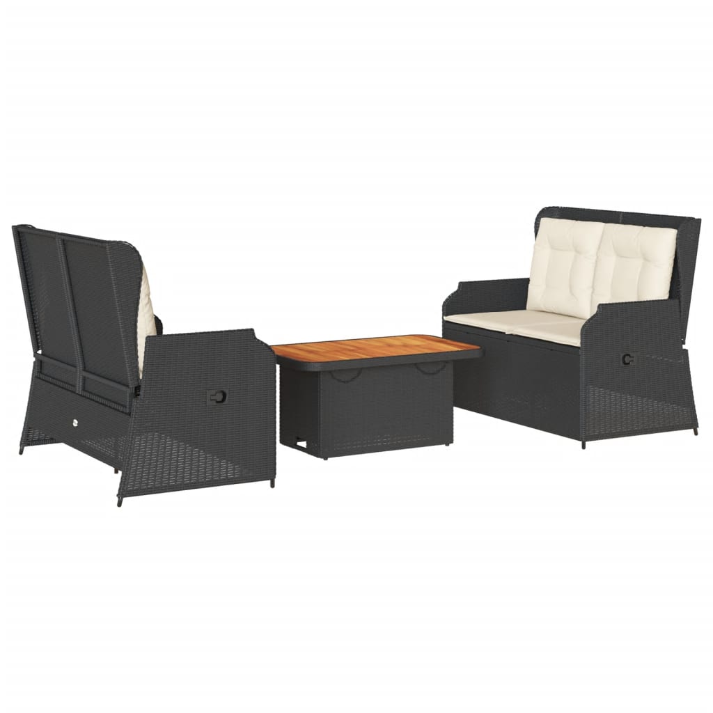 3-delige Loungeset met kussens poly rattan zwart