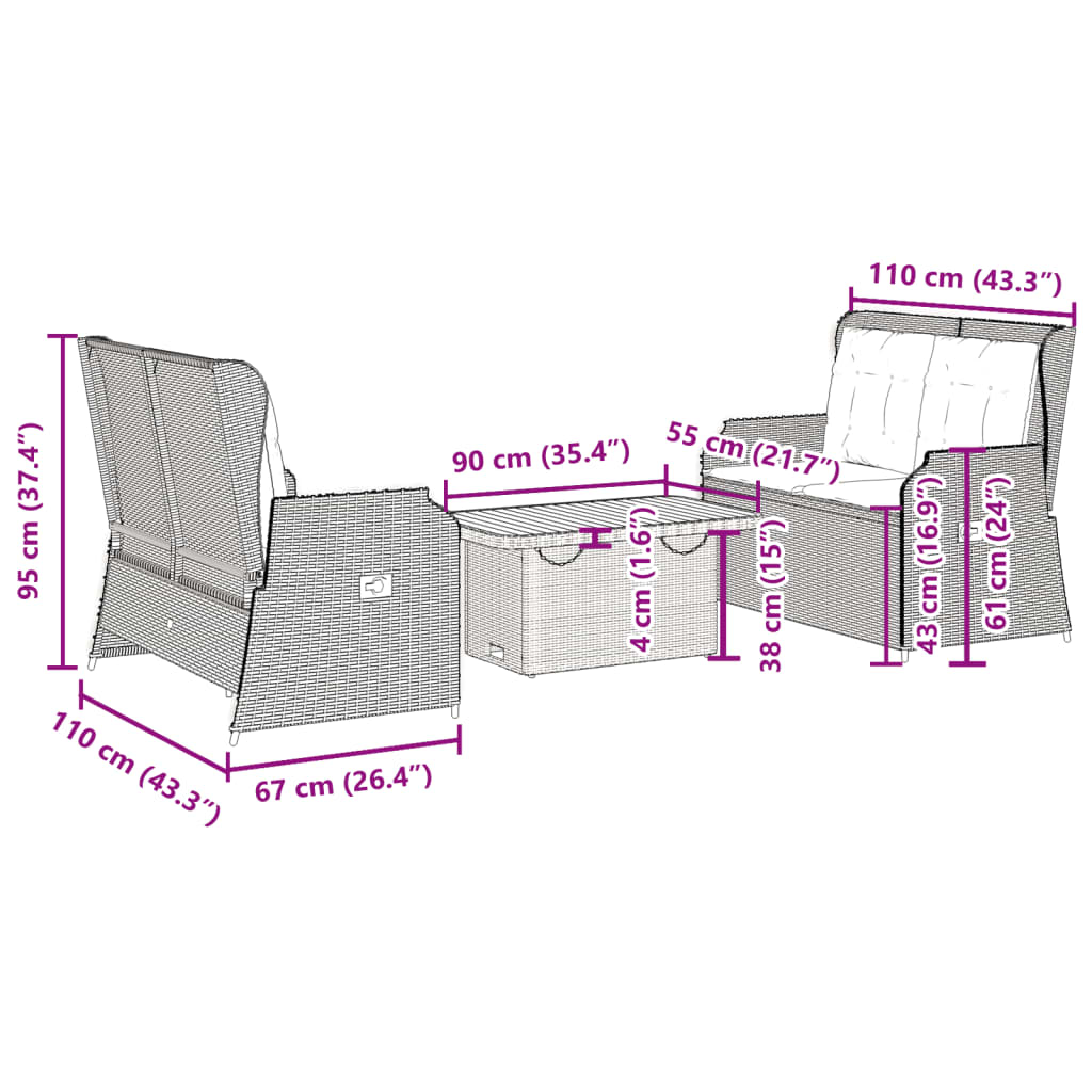 3-delige Loungeset met kussens poly rattan zwart