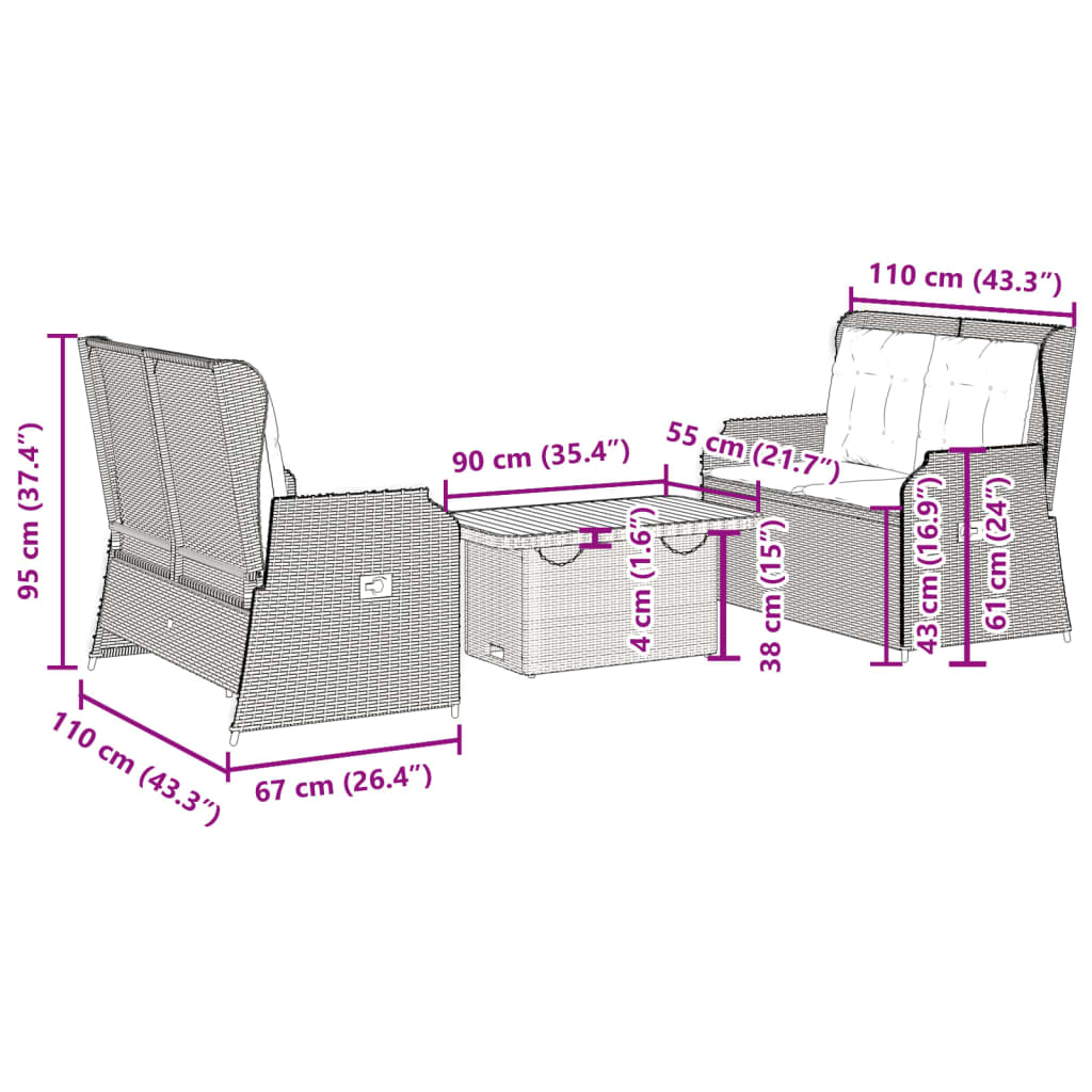 3-delige Loungeset met kussens poly rattan grijs