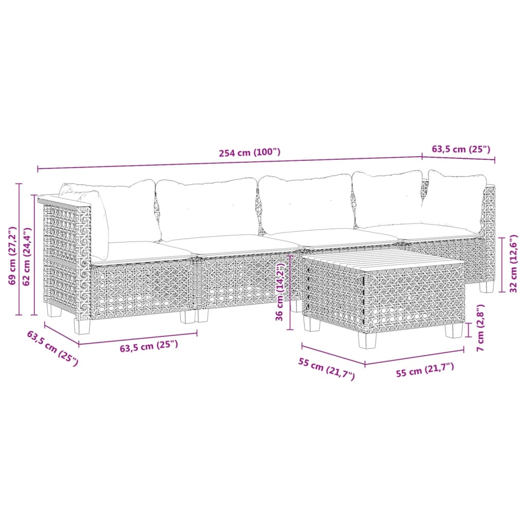 5-delige Loungeset met kussens poly rattan grijs Tuinsets | Creëer jouw Trendy Thuis | Gratis bezorgd & Retour | Trendy.nl