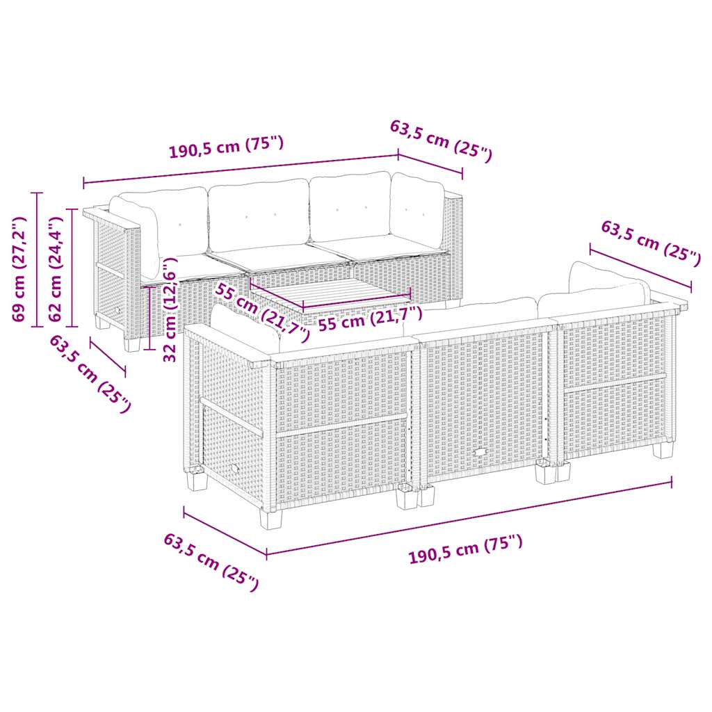 7-delige Loungeset met kussens poly rattan beige