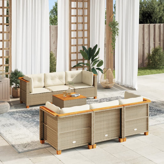 7-delige Loungeset met kussens poly rattan beige