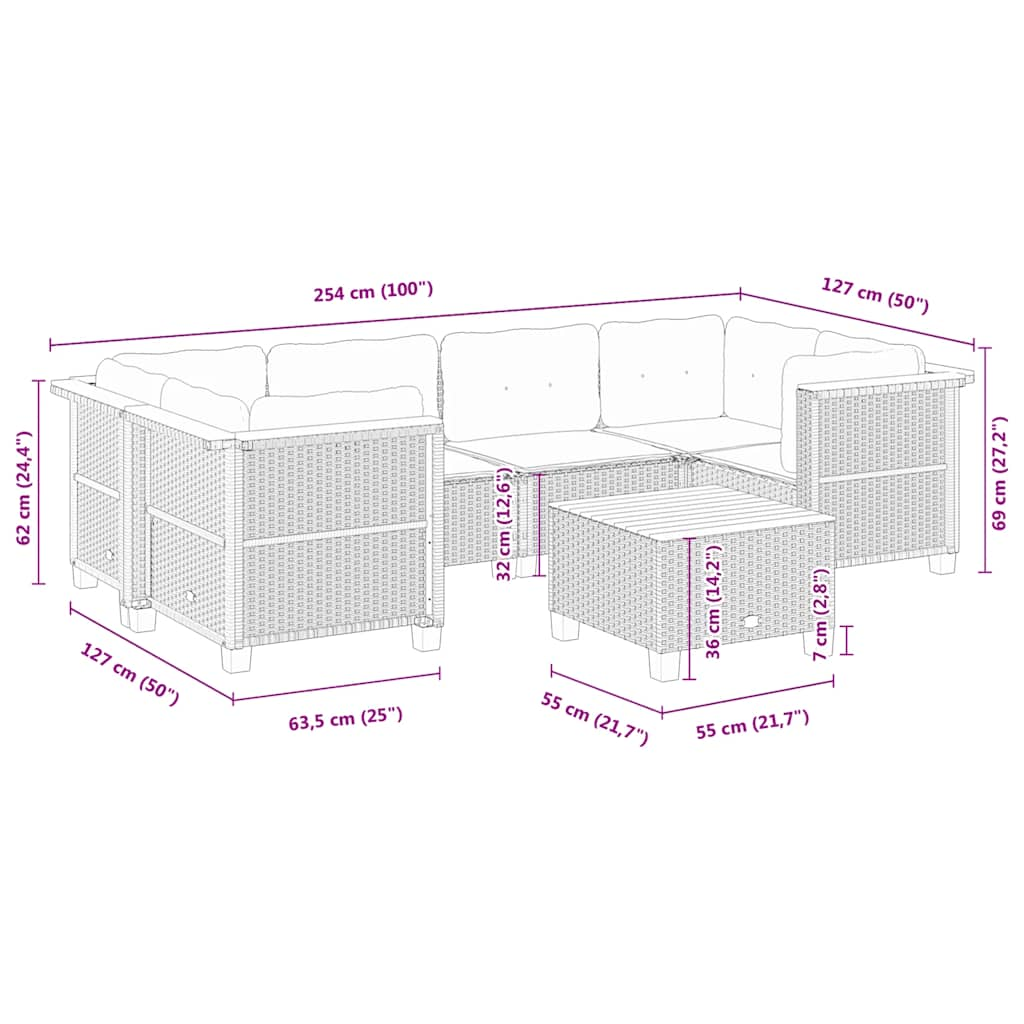 7-delige Loungeset met kussens poly rattan beige