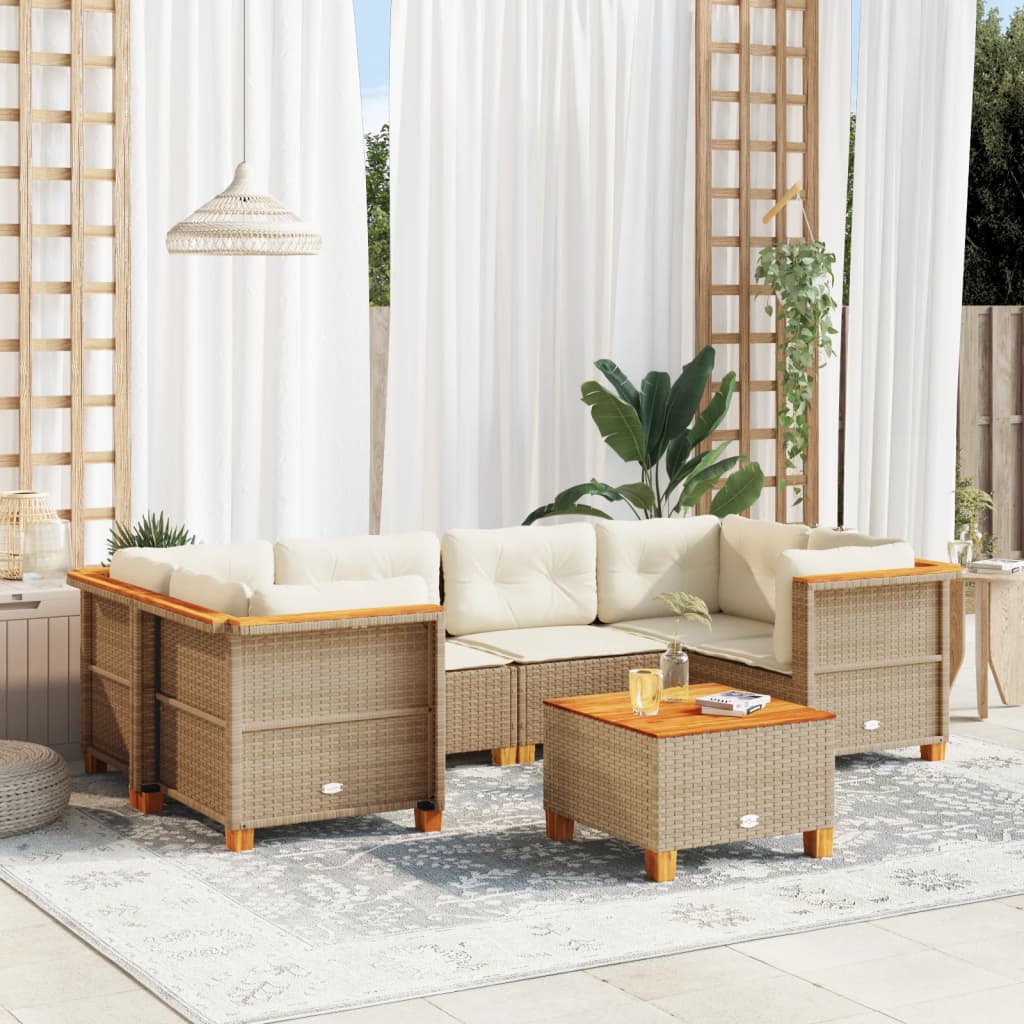 7-delige Loungeset met kussens poly rattan beige