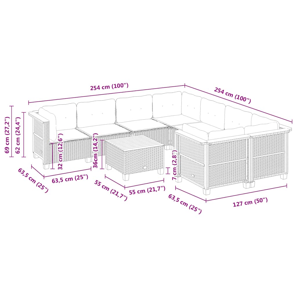 9-delige Loungeset met kussens poly rattan beige