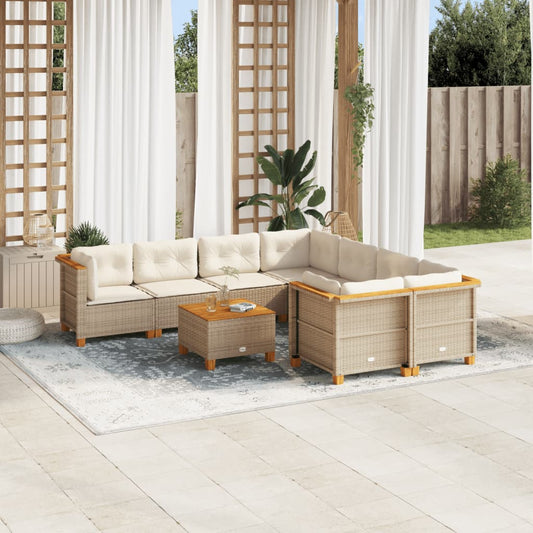 9-delige Loungeset met kussens poly rattan beige