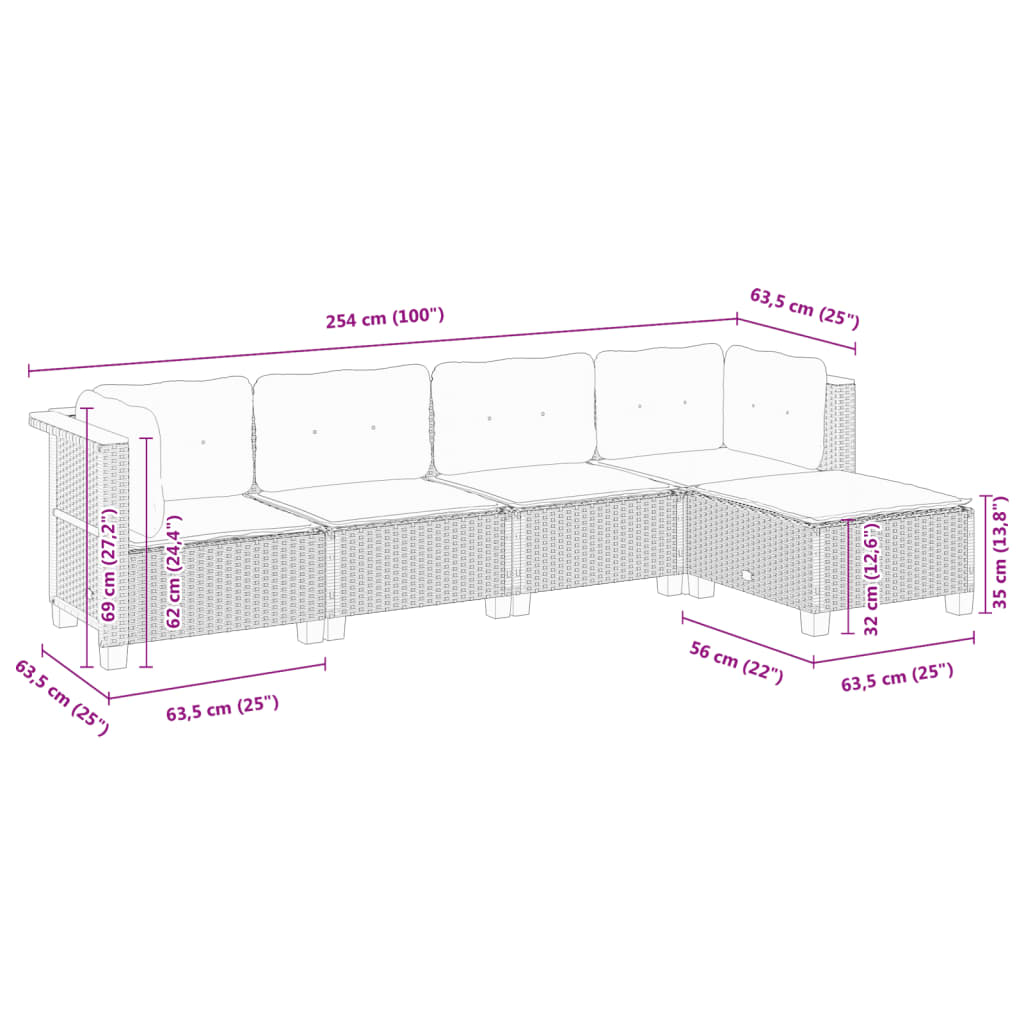 5-delige Loungeset met kussens poly rattan beige