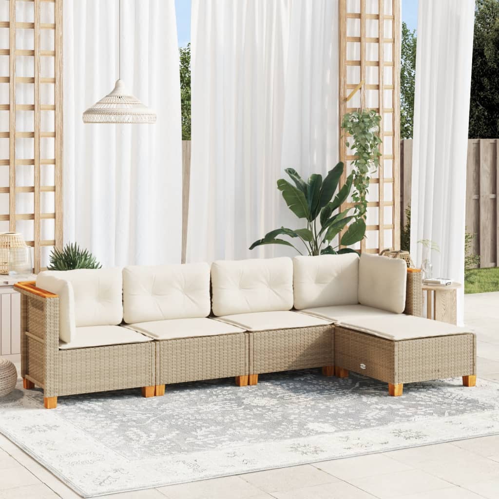 5-delige Loungeset met kussens poly rattan beige