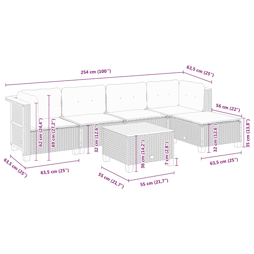 6-delige Loungeset met kussens poly rattan beige