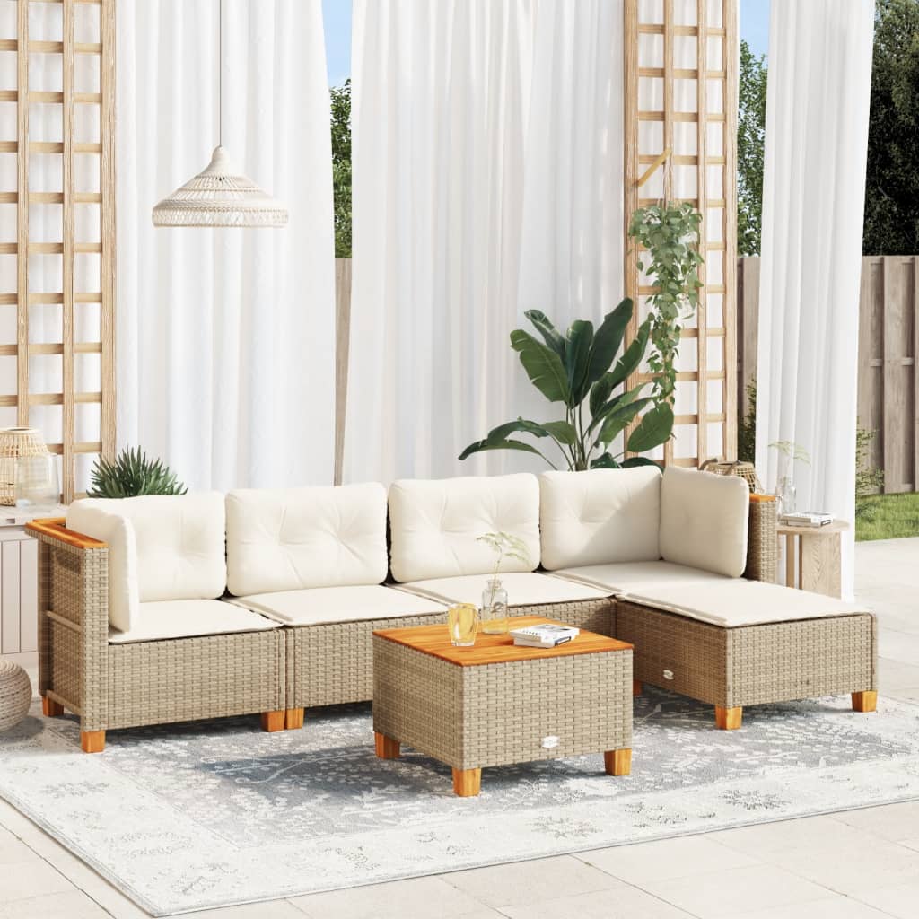 6-delige Loungeset met kussens poly rattan beige